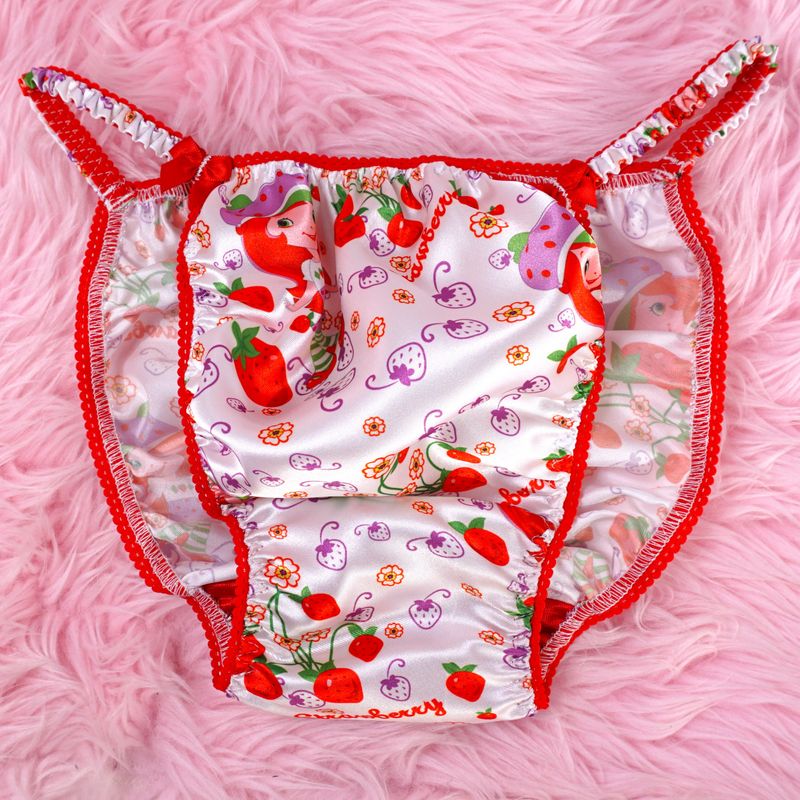 Strawberry Shortcake Print Ania's Poison Cut sissy MENS SATIN Beautiful Shiny Silky wet look Mens  string Bikini panties 0r Bandeau skirt