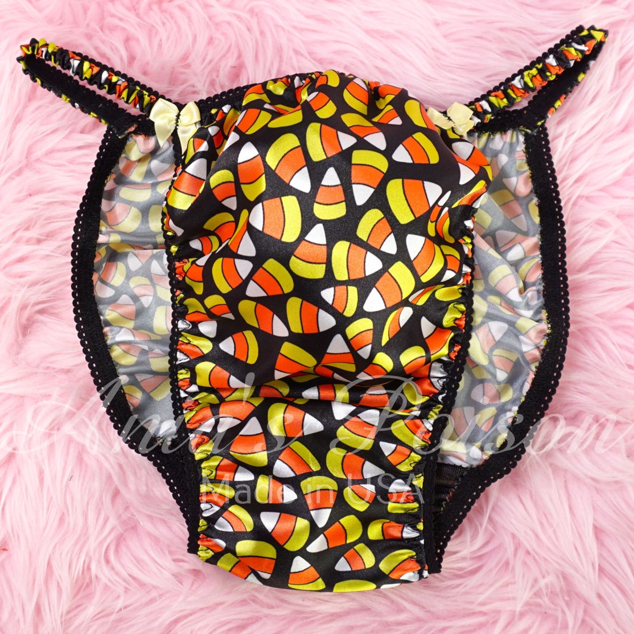 Satin Panties for Men Halloween Candy Corn 100% polyester SATIN string bikini panties Ania's poison Cut Satin Panties for Men Halloween Candy Corn 100% polyester SATIN string bikini panties Ania's poison Cut