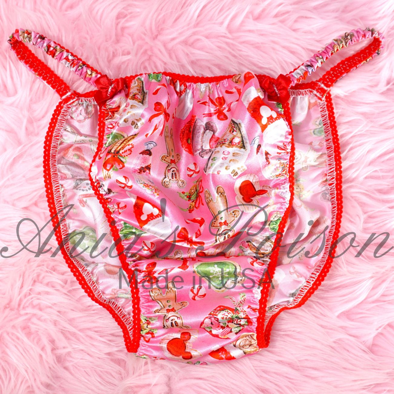 Ania's Poison Christmas Pink Treats Gifts Cute Santa Print 100% polyester silky soft string bikini sissy mens underwear panties