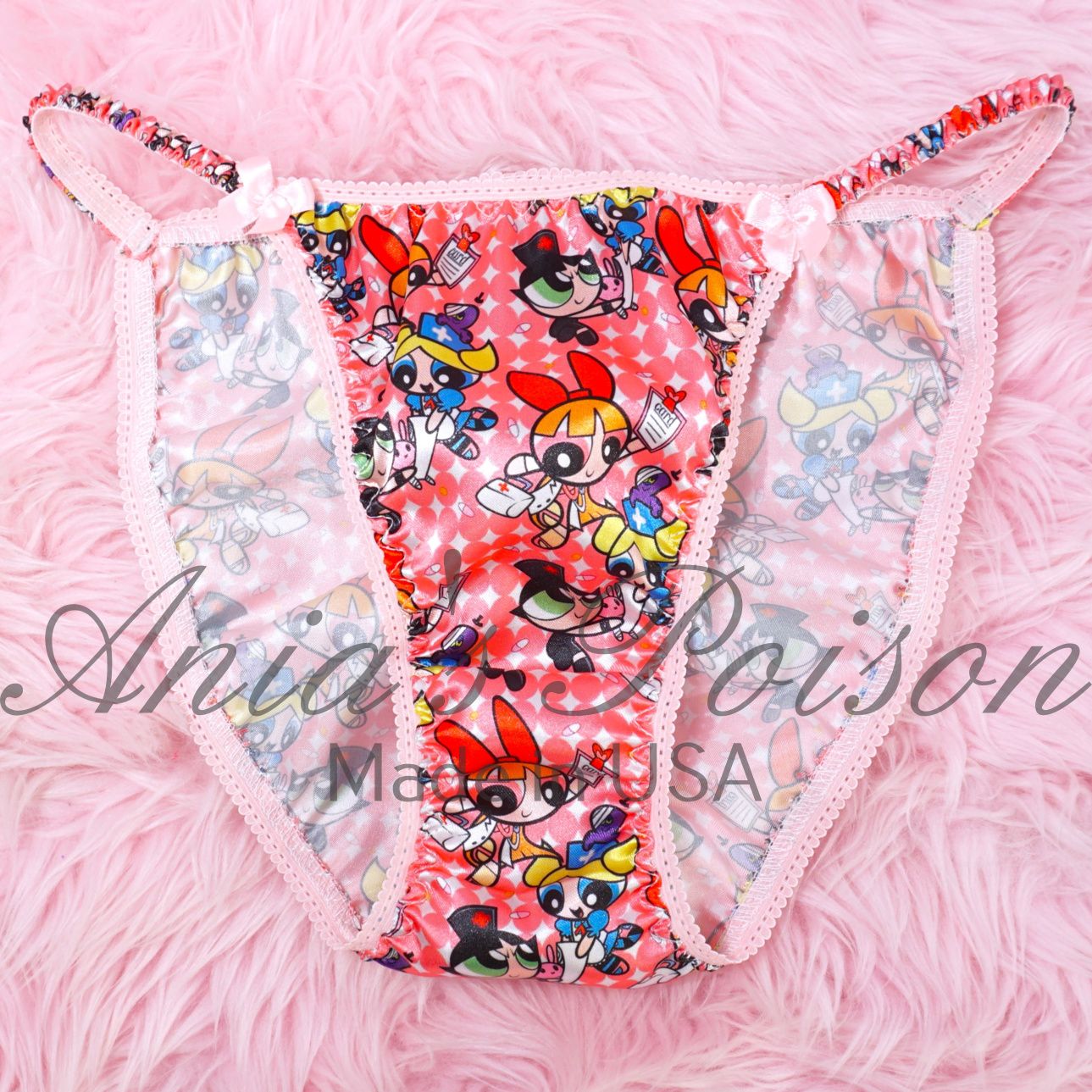Lace Duchess Classic 80's cut Panties Beautiful Pink Power Puff Girls Character silky satin panties - String bikini 5-9
