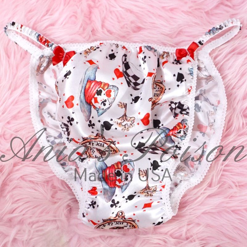 Satin Panties for Men Halloween Whimsical Cards Alice in wonderland mad hatter 100% polyester SATIN string bikini panties Ania's poison Cut S- XXL