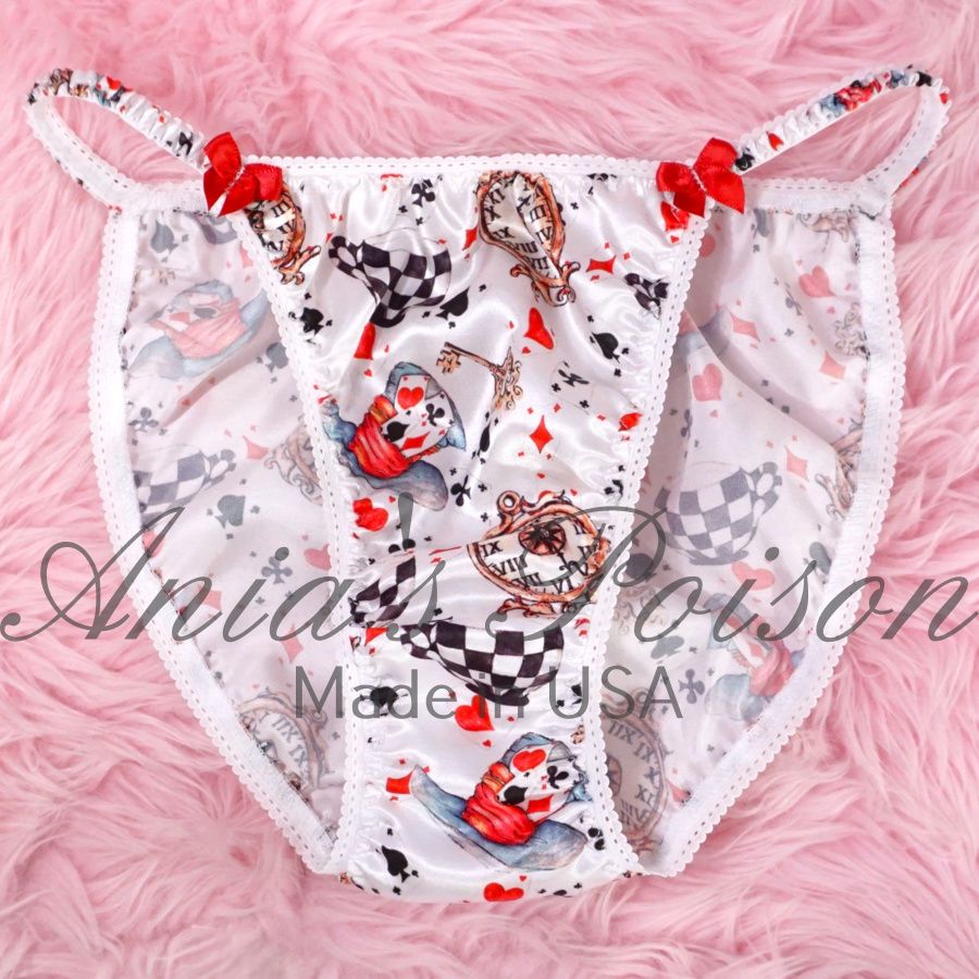 Halloween Classic 80's cut Satin panties white Alice in wonderland Lace Duchess wet look ladies string bikini panties sz  6 7 8