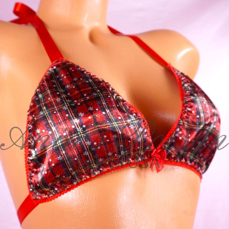 Satin Christmas Bra Red Plaid unisex tie up Satin lined halter triangle OS bra Satin Christmas Bra Red Plaid unisex tie up Satin lined halter triangle OS bra