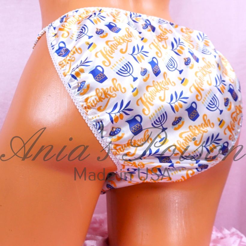 Hanukkah satin panties  for Men Yellow Blue 100% polyester SATIN string bikini panties Ania's poison Cut M-XL