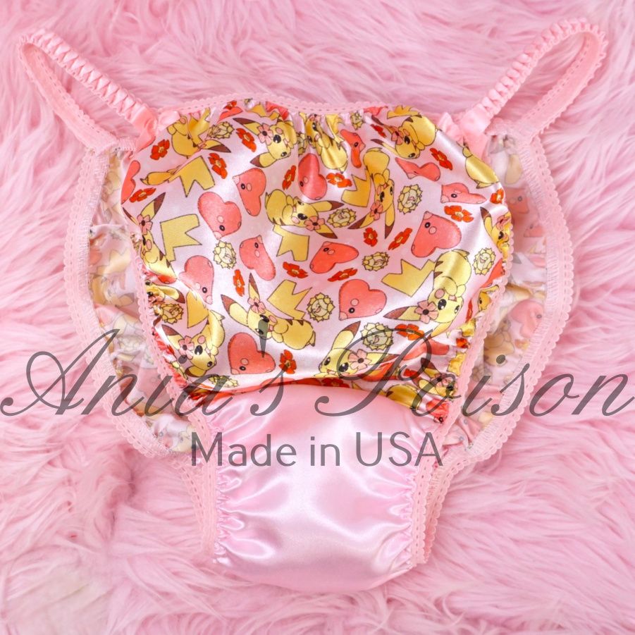 Anime Character Pink Ania's Poison Cut sissy Valentines Day MENS SATIN Beautiful Shiny Silky wet look Mens string Bikini panties M-XXL SAtin Crotch