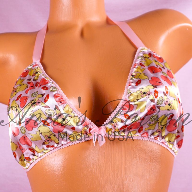 Satin Valentines Bra Pink Kawaii anime character print tie up Satin lined halter triangle OS bra