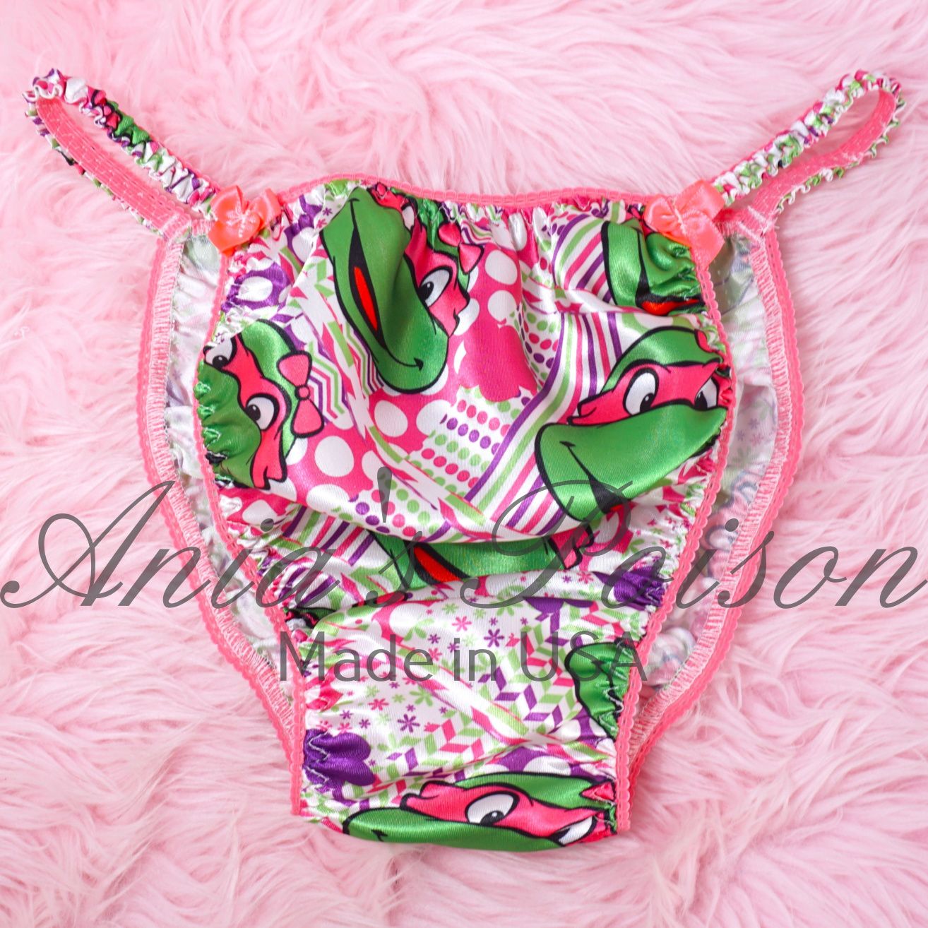 TURTLES! Pink Ania's Poison Cut sissy Valentines Day MENS SATIN Beautiful Shiny Silky wet look Mens string Bikini panties S-XXL OR SKIRT/TOP