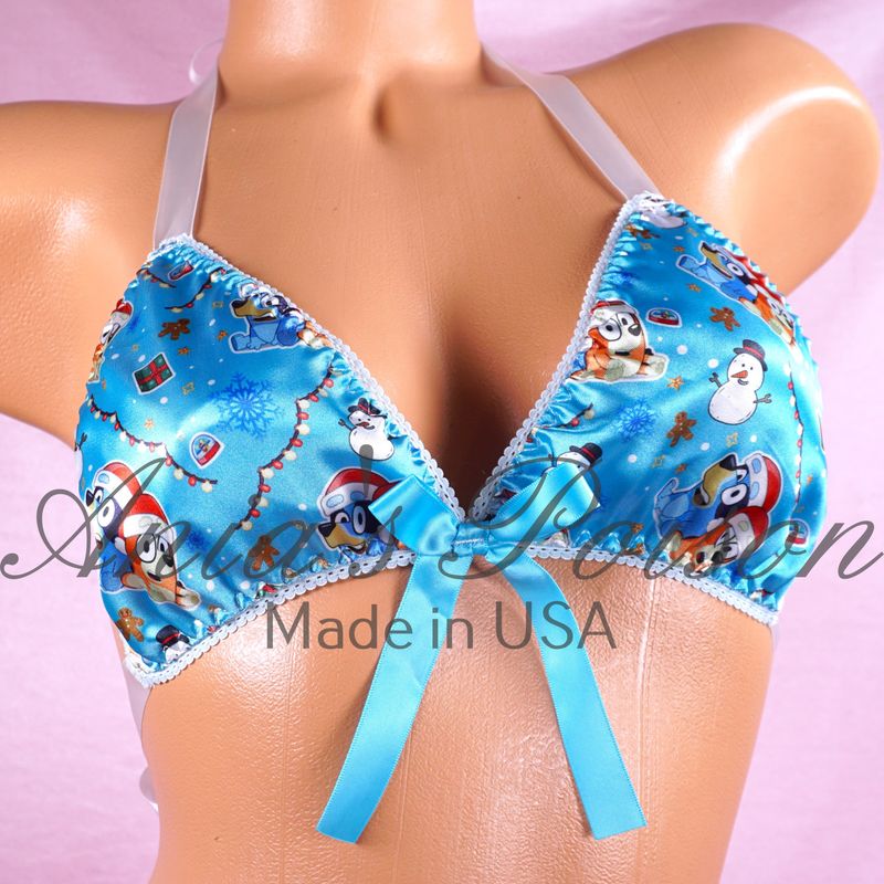 Satin Christmas Bra Blue Doggy unisex tie up Satin lined halter triangle OS bra