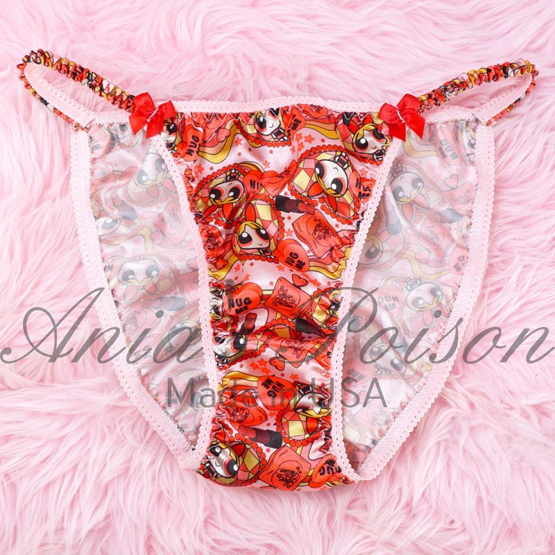 Lace Duchess Classic 80's cut Power Puff Girls Valentines Day print satin wet look Vintage Style panties 5 6 7 8 9
