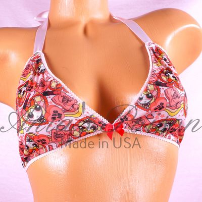 Stretch Powderpuff Girls print tie up spandex halter triangle OS bra