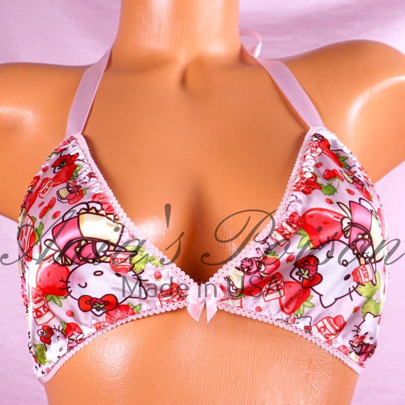 Satin Valentines Bra Pink Kawaii anime cat print tie up Satin lined halter triangle OS bra