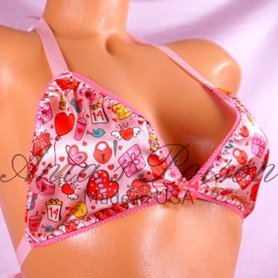 Satin Valentines Bra Candy hearts novelty character print tie up Satin lined halter triangle OS bra Satin Valentines Bra Candy hearts novelty character print tie up Satin lined halter triangle OS bra