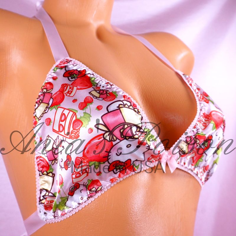 Satin Valentines Bra Pink Kawaii KItty cat anime character print tie up Satin lined halter triangle OS bra