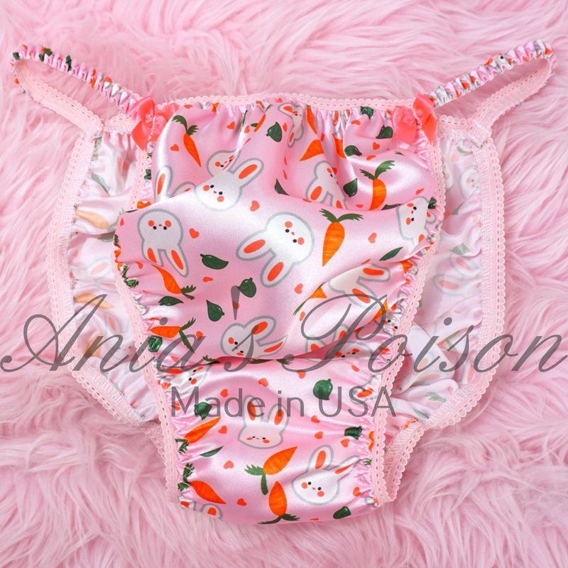 Baby Pink EASTER BUNNY Ania's Poison Cut sissy MENS SATIN Beautiful Shiny Silky wet look Mens holiday string Bikini panties S- XXL