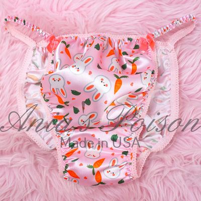 Baby Pink EASTER BUNNY Ania's Poison Cut sissy MENS SATIN Beautiful Shiny Silky wet look Mens holiday string Bikini panties S- XXL