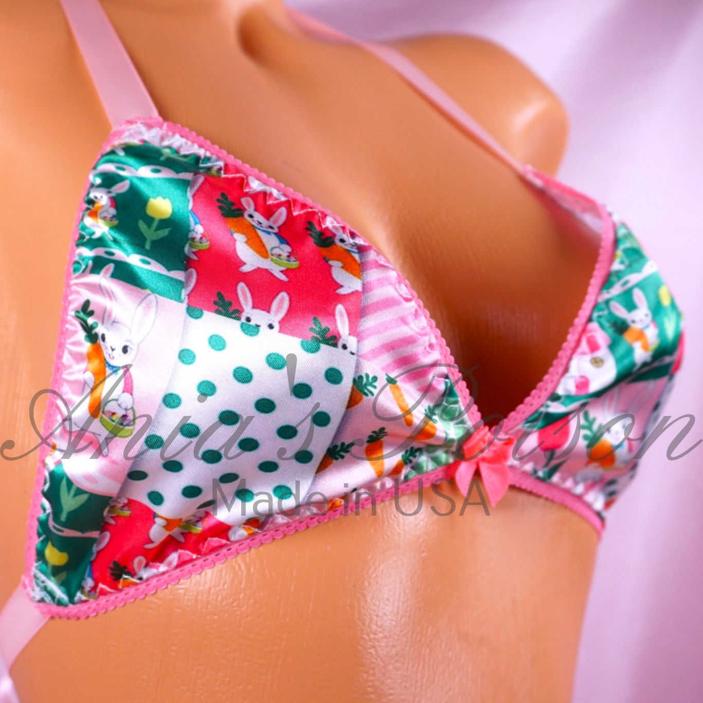 Satin Easter Print Bra Pink green garden bunny character print tie up Satin lined halter triangle OS bra