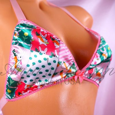 Satin Easter Print Bra Pink green garden bunny character print tie up Satin lined halter triangle OS bra