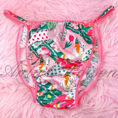 Pink Garden EASTER BUNNY Ania's Poison Cut sissy MENS SATIN Beautiful Shiny Silky wet look Mens holiday string Bikini panties S- XXL