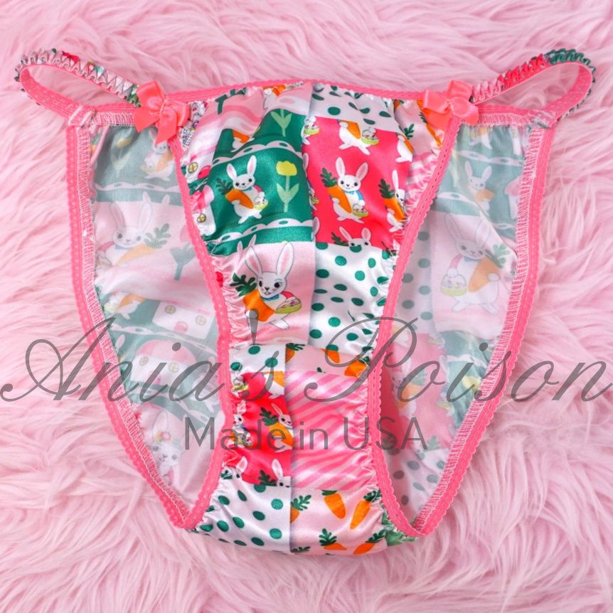 Lace Duchess Classic 80's cut EASTER checkered pink green Bunny Print Spring satin panties - String bikini 5 6 7 8 9 Lace Duchess Classic 80's cut EASTER checkered pink green Bunny Print Spring satin panties - String bikini 5 6 7 8 9