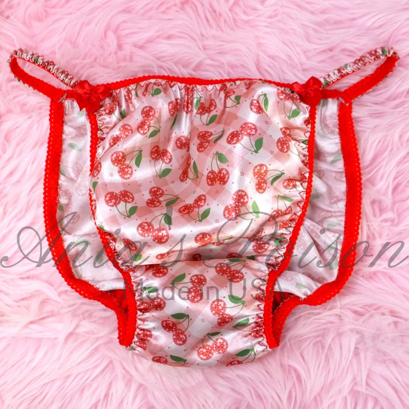 Cherry  Ania's Poison Cut sissy MENS SATIN Beautiful Shiny Silky wet look Mens holiday string Bikini panties S- XL