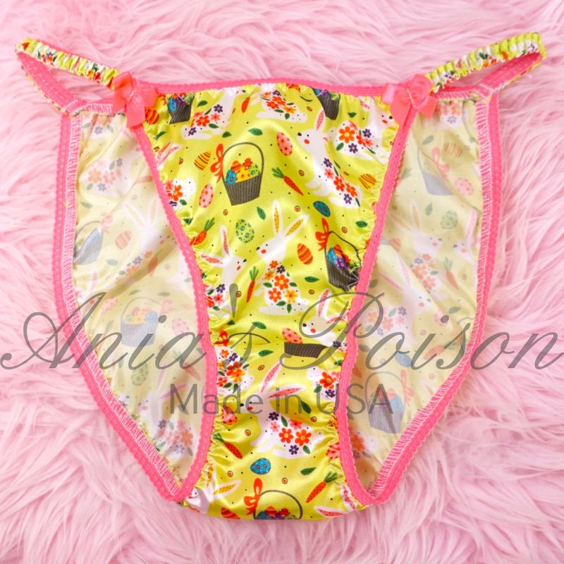 Lace Duchess Classic 80's cut EASTER Lime Green Pink Bunny Print Spring satin panties - String bikini 5 6 7 8 9