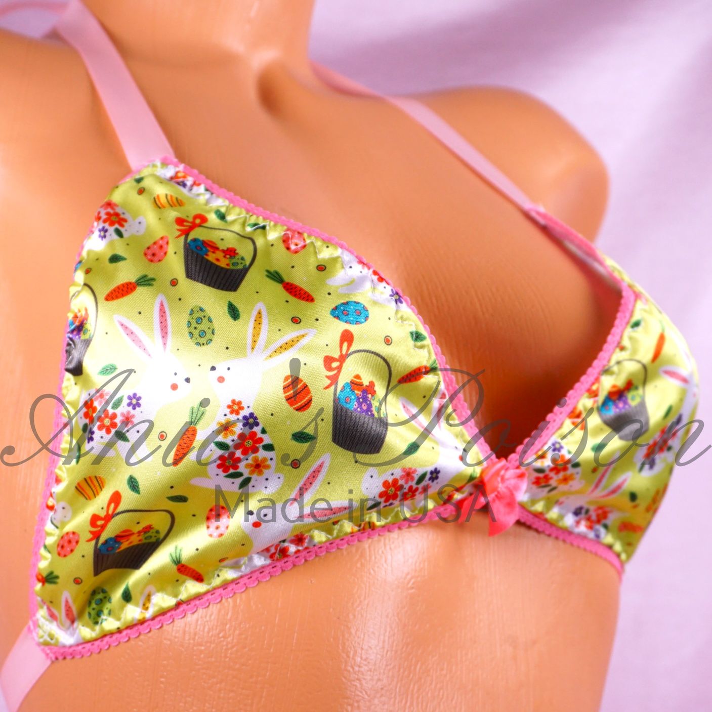 Satin Easter Print Bra Lime green garden bunny character print tie up Satin lined halter triangle OS bra