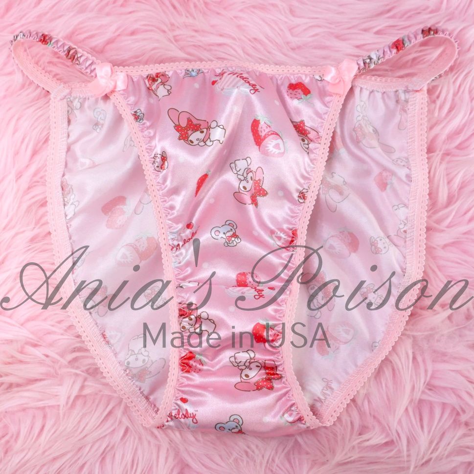 Lace Duchess Classic 80's cut EASTER Kawaii Pink Bunny Melody Print Spring satin panties - String bikini 6 7 8