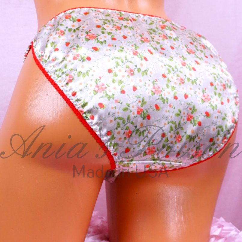 Lace Duchess Classic 80's cut EASTER strawberry floral picnic Print Spring satin panties - String bikini  6 7 8