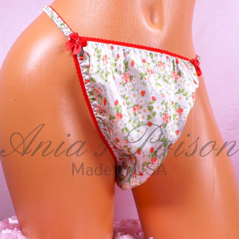 Spring Strawberries Floral Ania's Poison Cut sissy MENS SATIN Beautiful Shiny Silky wet look Men's holiday string Bikini panties S- XXL