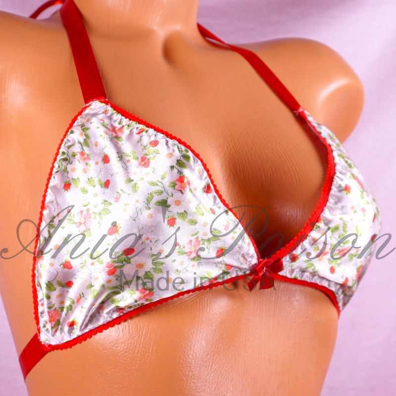 Satin strawberry Print Bra easter picnic tie up Satin lined halter triangle OS bra