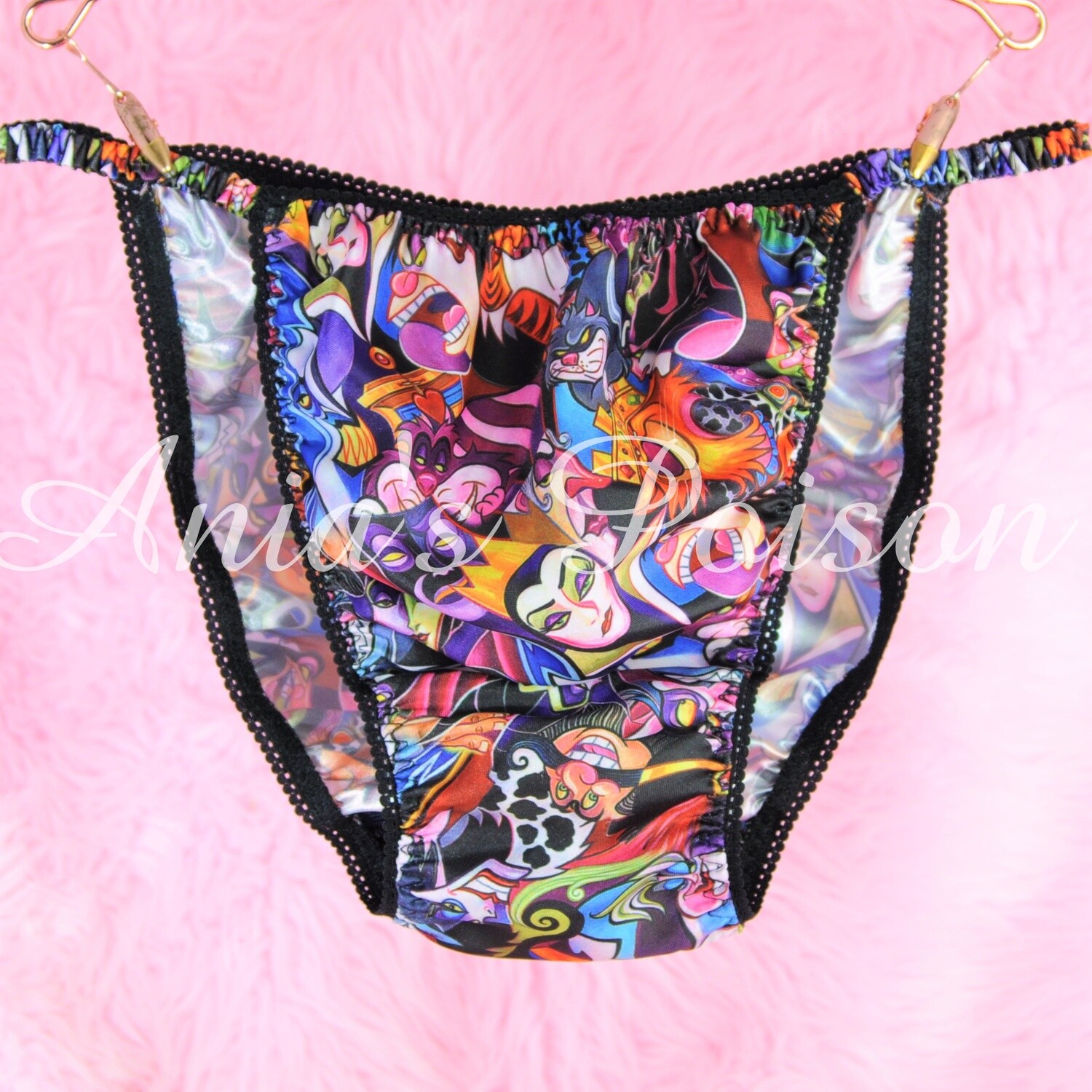 LAST ONE M Ania's Poison Princess Villain Amazing Bad Guys Print Super Rare 100% polyester SATIN string bikini sissy mens underwear panties - REVERSE PRINT SATIN INSIDE