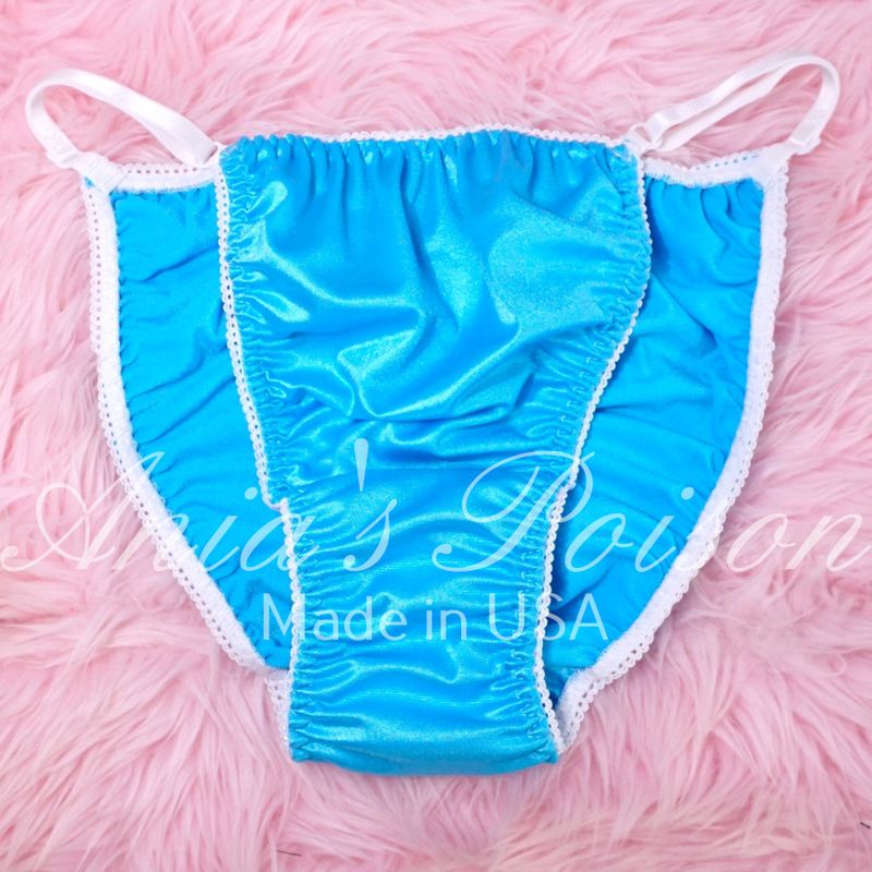 Shiny Stretch Satin Panties Brazilian Cheeky cut Blue string bikini Adjustable sides sissy men's underwear