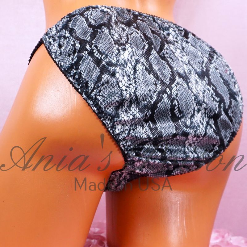 Ania's Poison Velvet String bikini Snakeskin Print Half Back Cheeky Cut Black MENS shiny panties sz M and L