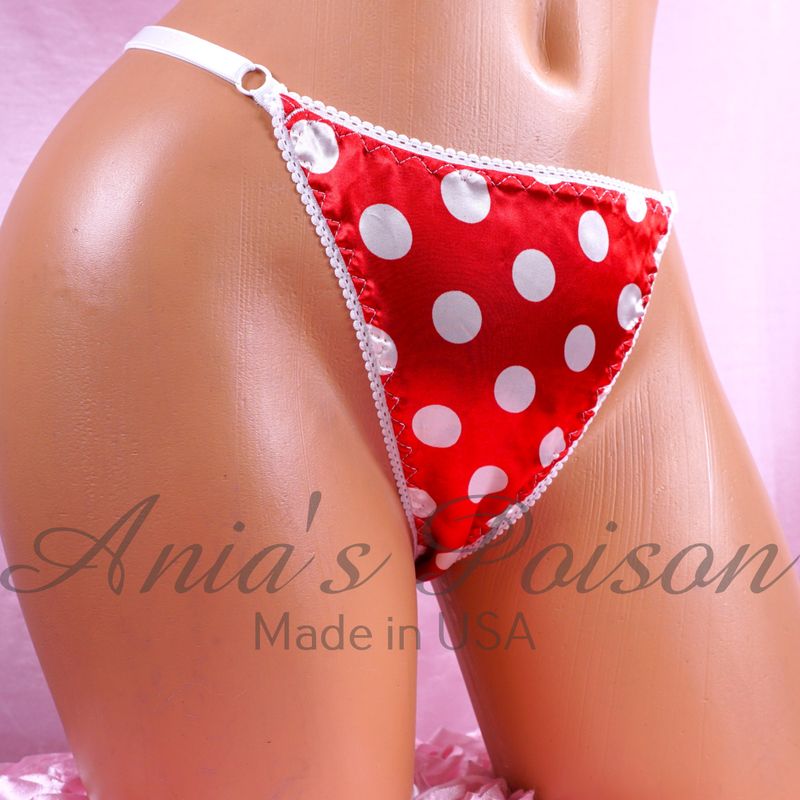 Adjustable SATIN thong sissy Ladies Triangle T thong Red White Polka Dot panties Elastic sides One Size