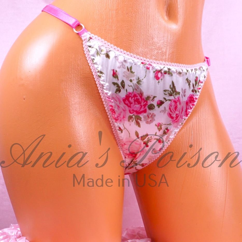 Adjustable SATIN thong sissy Ladies Triangle T thong Spring Roses Pink Floral panties Elastic sides One Size