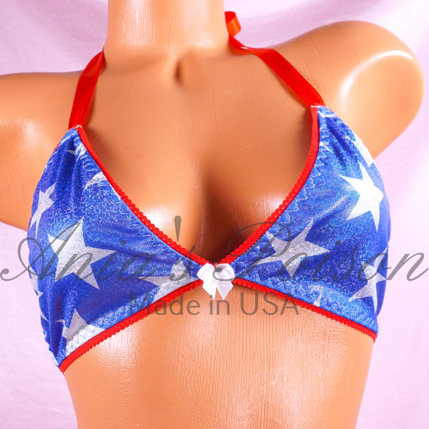 Spandex Sparkle Bra Red White Blue Stars July 4th unisex tie up halter triangle OS bra