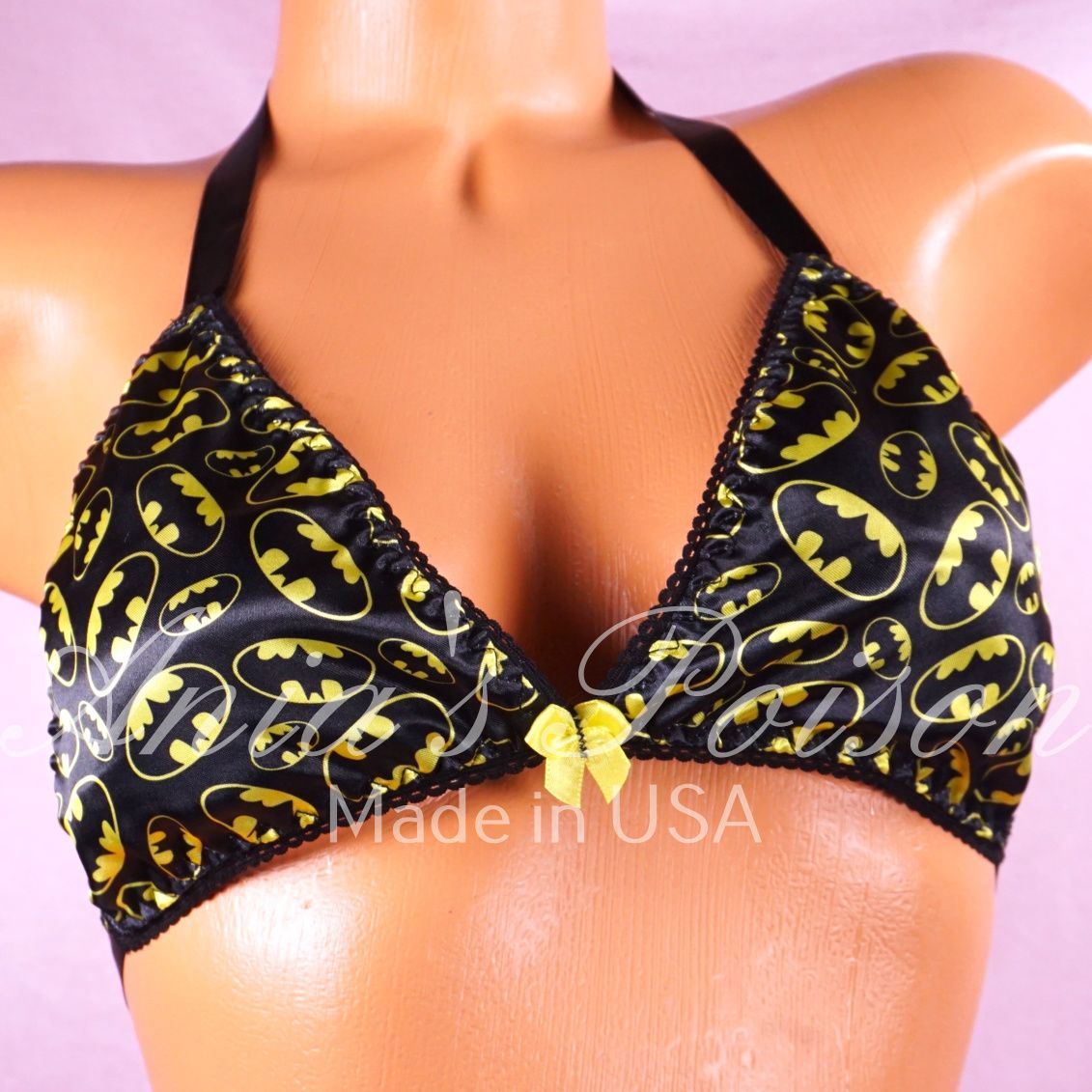 Superhero Print Bra tie up Satin lined halter triangle OS bra Black Yellow Bat Signal