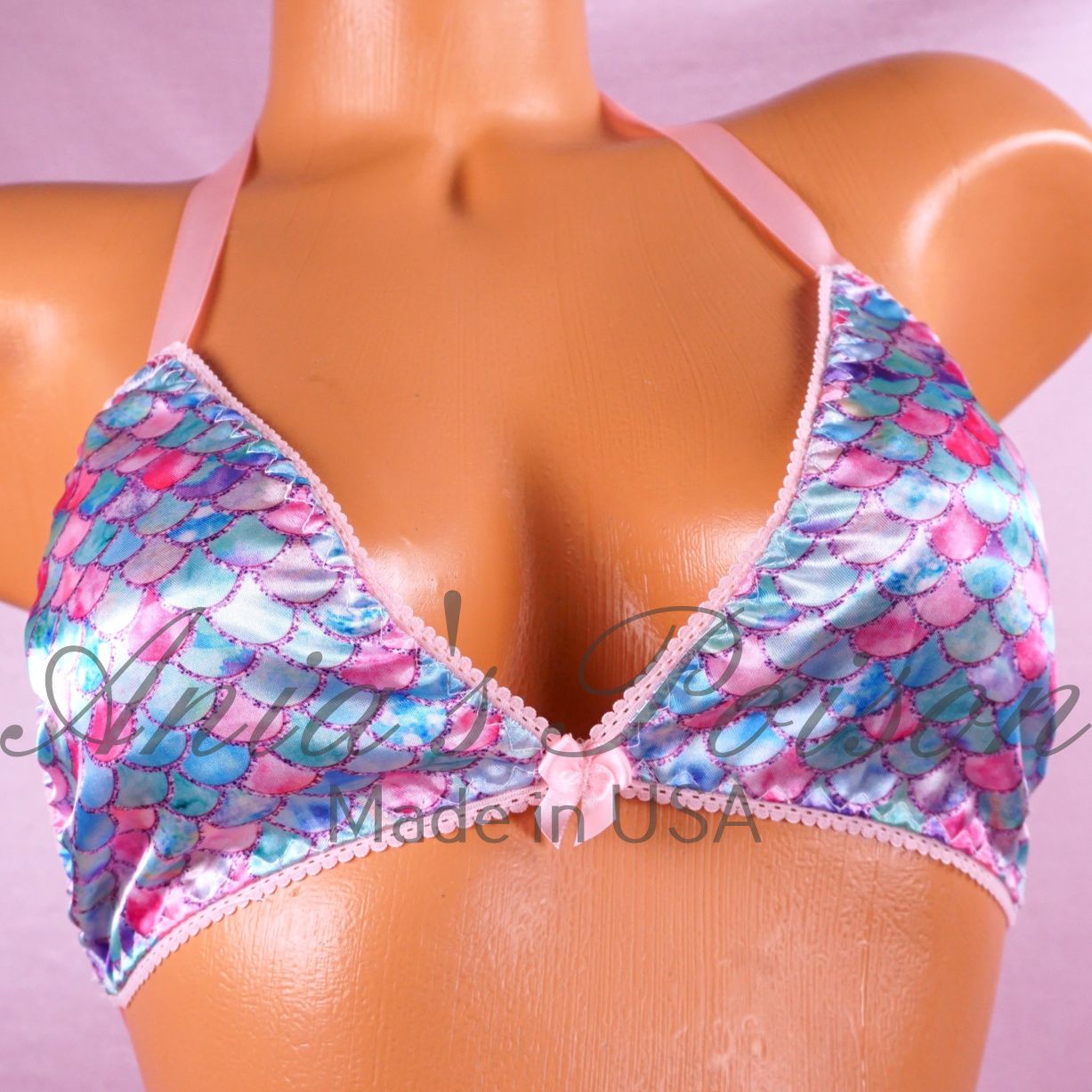 Mermaid Print Bra tie up Satin lined halter triangle OS bra Purple Pastel Scales