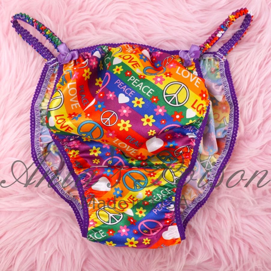 Rainbow Pride Hippie floral  Ania's Poison Cut sissy MENS SATIN Beautiful Shiny Silky wet look Mens string Bikini panties S-XXL