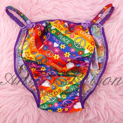 Rainbow Pride Hippie floral  Ania's Poison Cut sissy MENS SATIN Beautiful Shiny Silky wet look Mens string Bikini panties S-XXL