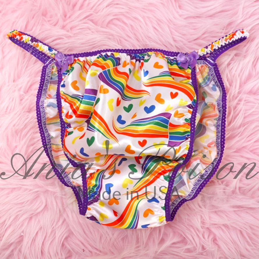 Rainbow Pride hearts One Love Ania's Poison Cut sissy MENS SATIN Beautiful Shiny Silky wet look Mens string Bikini panties S-XXL