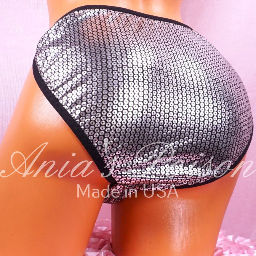 Lace Duchess Classic 80's cut Black Silver Foil satin shiny stretch wet look panties sz 9 only DEADSTOCK