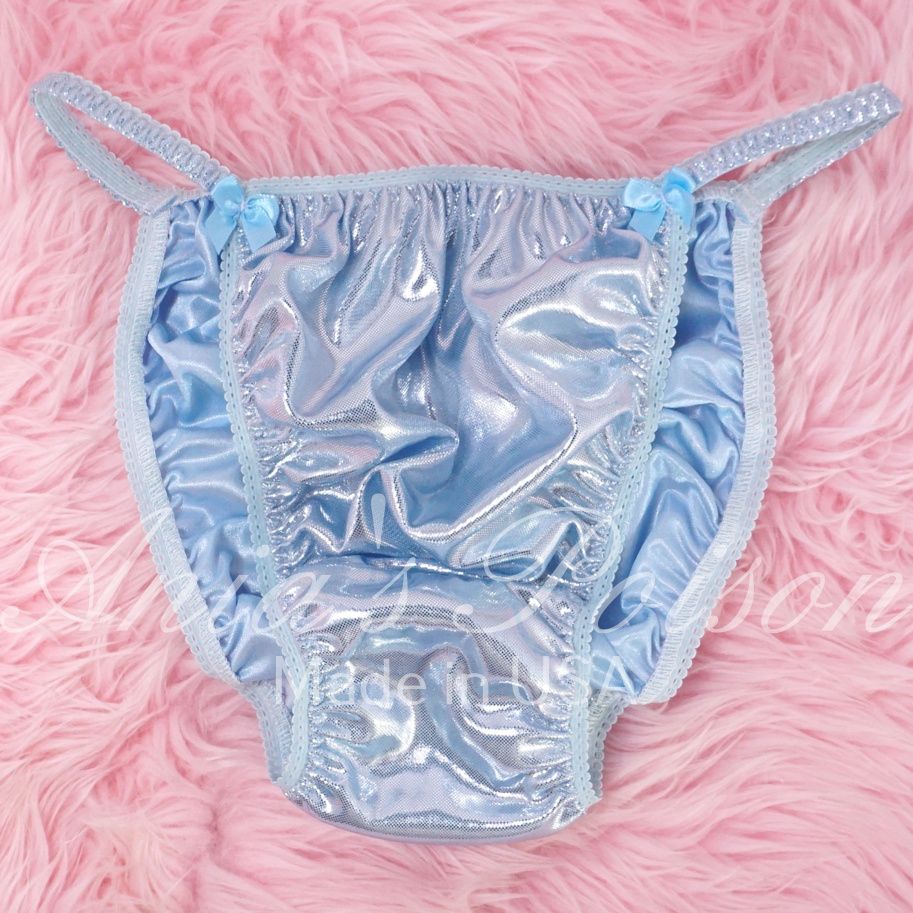 Foil Baby Blue Satin High Gloss metallic shiny WETLOOK string bikini sissy mens Dancer exotic panties / bra/ skirt