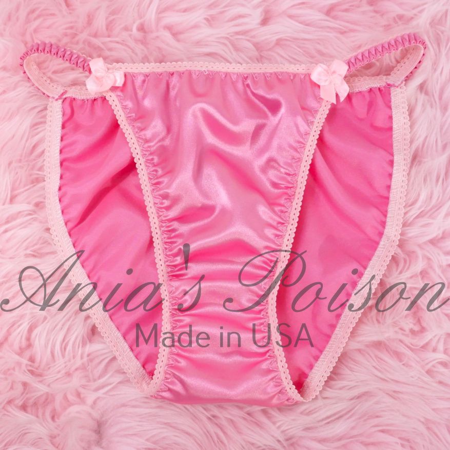 New Candy PINK Satin Panties Lace Duchess Classic 80's cut Sissy Ladies shiny wet look Vintage Style string bikini sz 5 6 7 8 9