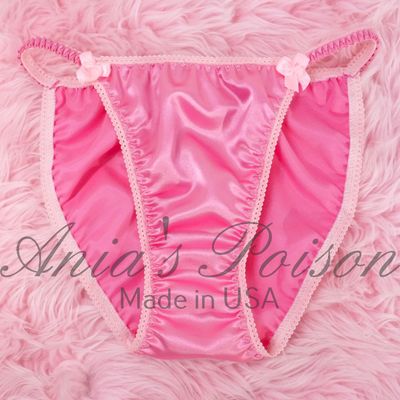 New Candy PINK Satin Panties Lace Duchess Classic 80's cut Sissy Ladies shiny wet look Vintage Style string bikini sz 5 6 7 8 9