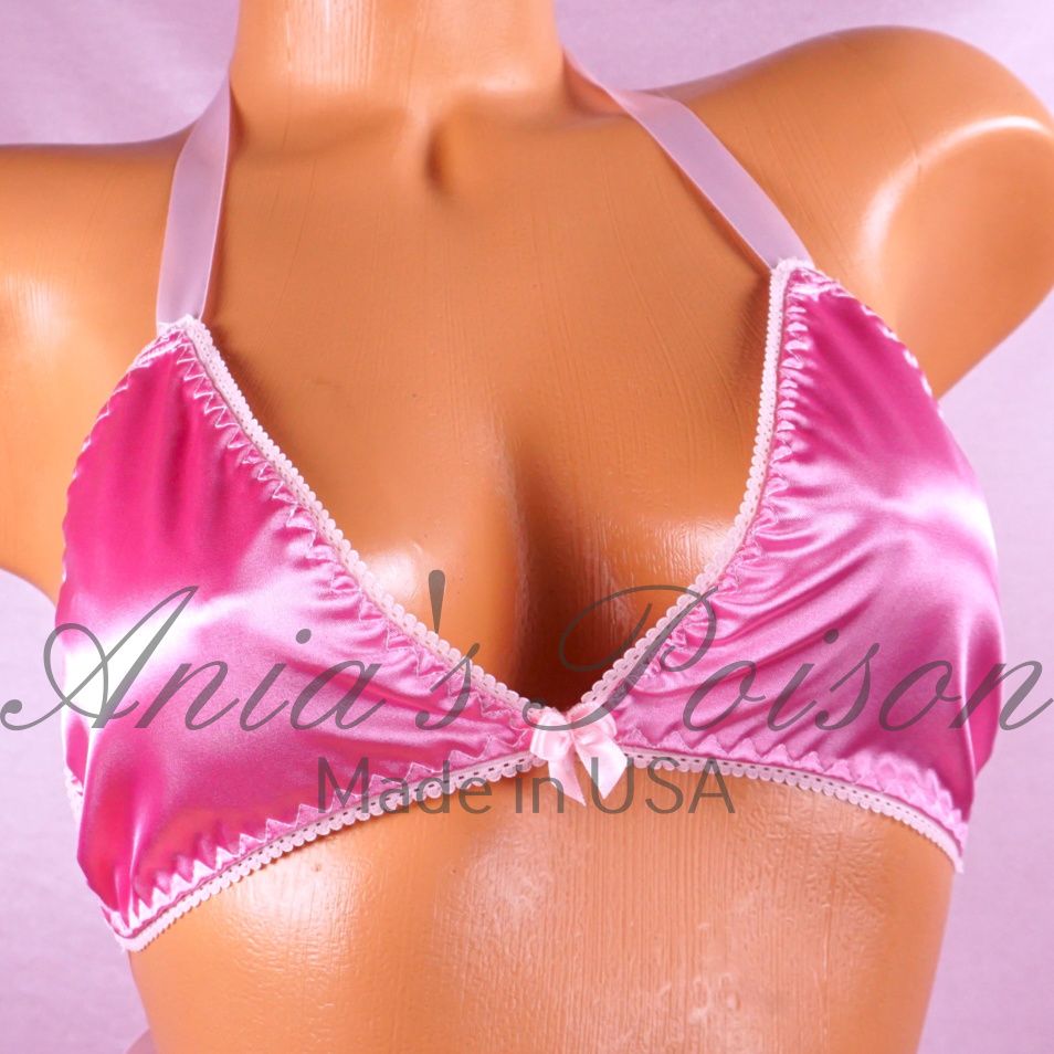 Candy pink wetlook Satin Triangle SATIN tie up halter triangle OS bra