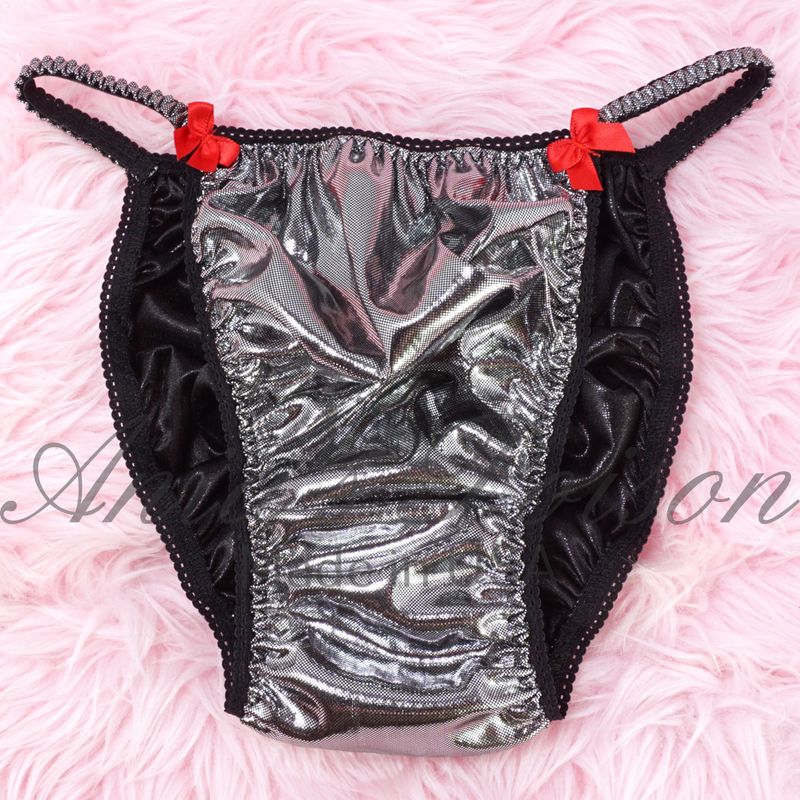Foil Silver Black Metallic Satin High Gloss metallic shiny WETLOOK string bikini sissy mens Dancer exotic panties / bra/ skirt
