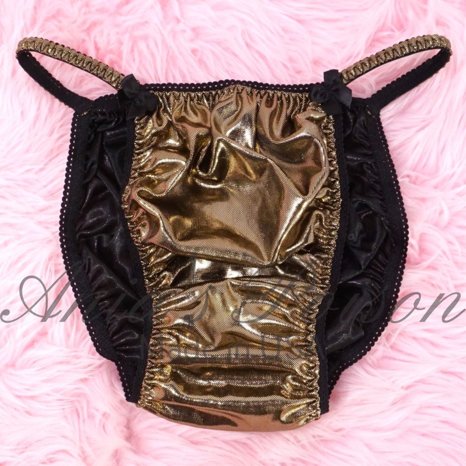 Foil Gold Metallic Satin High Gloss metallic shiny WETLOOK string bikini sissy mens Dancer exotic panties / bra/ skirt