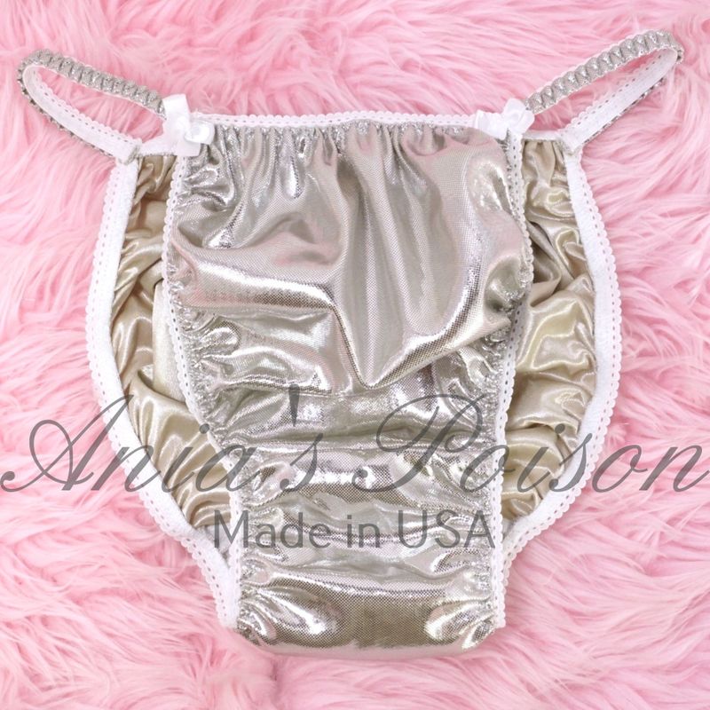 Foil Champagne Metallic Satin High Gloss metallic shiny WETLOOK string bikini sissy mens Dancer exotic panties / bra/ skirt