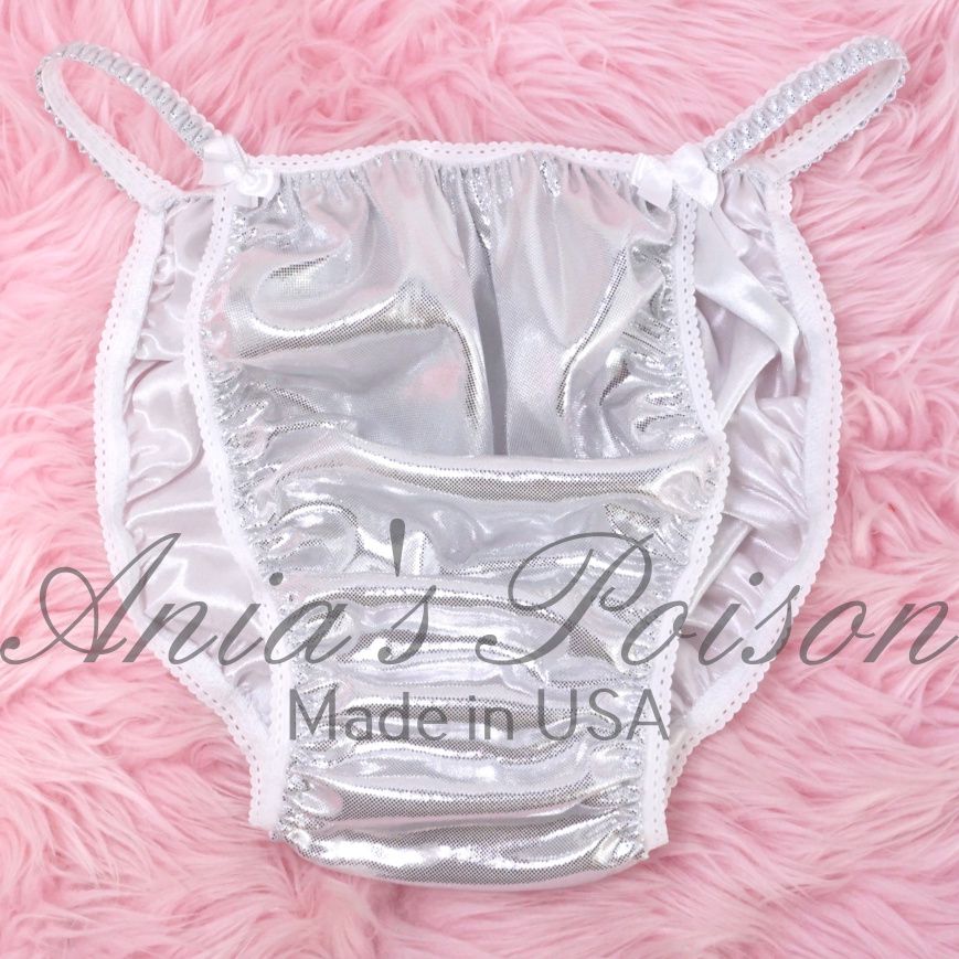 Foil Silver White Metallic Satin High Gloss metallic shiny WETLOOK string bikini sissy mens Dancer exotic panties / bra/ skirt